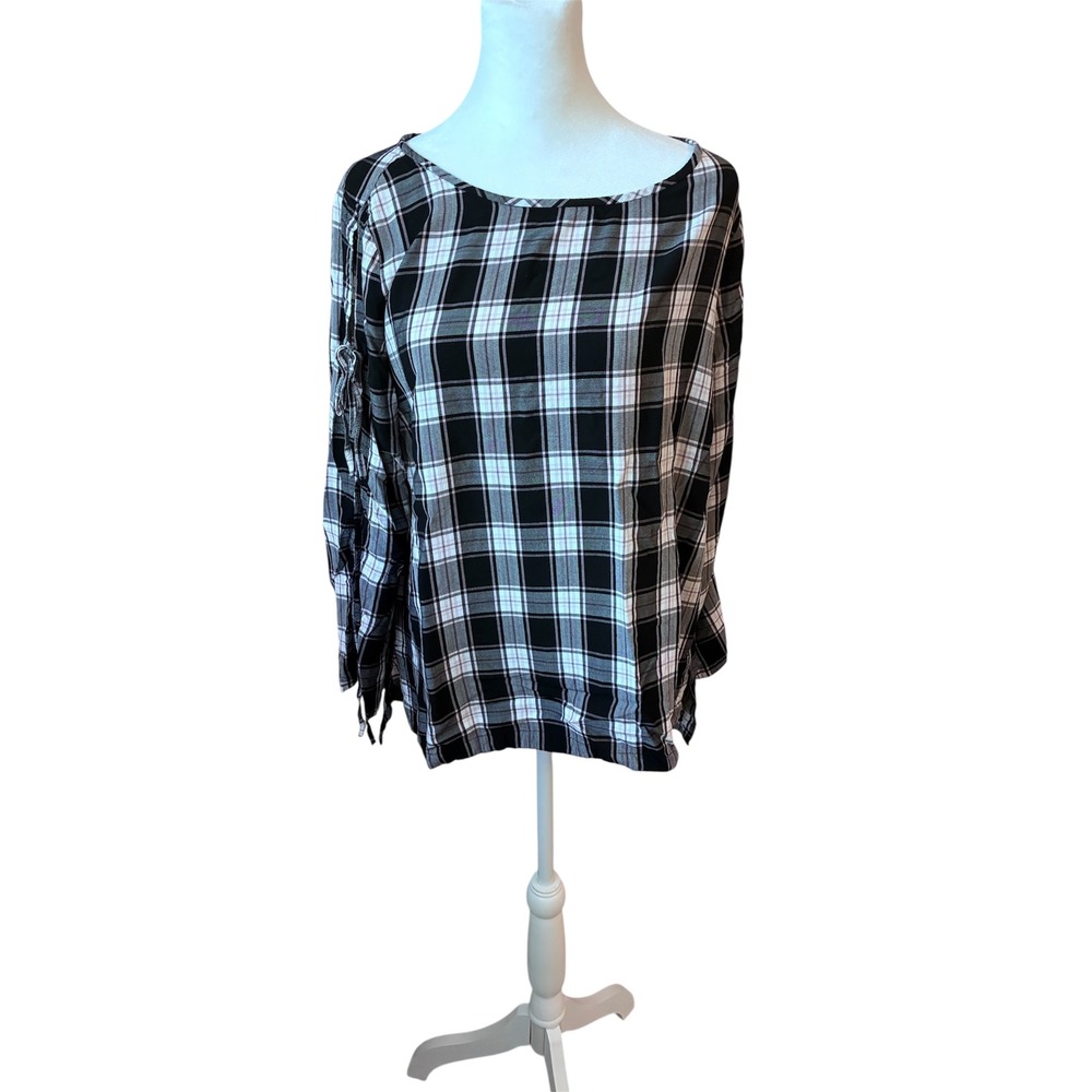 LOFT Plaid Long Sleeve Top Black White Pink Tie Sleeve‎ Detail Medium